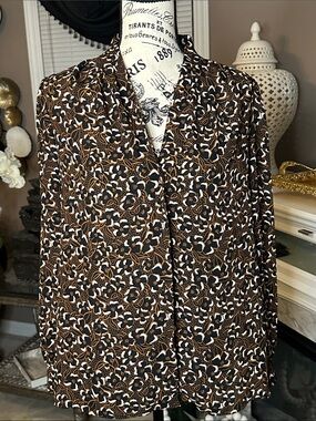 Nine West Black and Brown Floral-Print Button-Down Shirt